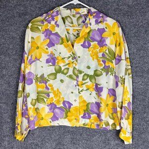 Vintage ILGWU Yellow Floral Flower Casual Button Down Blouse Long Sleeve Sz‎ 36